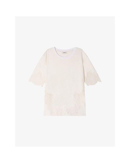 Sandro White Lace-Detail Relaxed-Fit Cotton T-Shirt