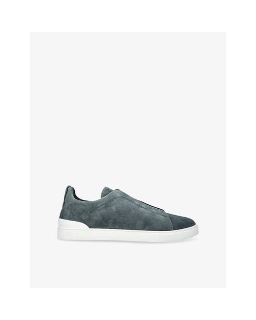 Zegna Blue Tripe-Stitch Suede Low-Top Trainers for men