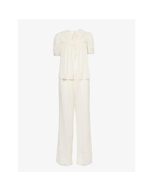 Reformation White X Nara Smith Buttercup Hour Embroidered Cotton-Blend Pyjama Set