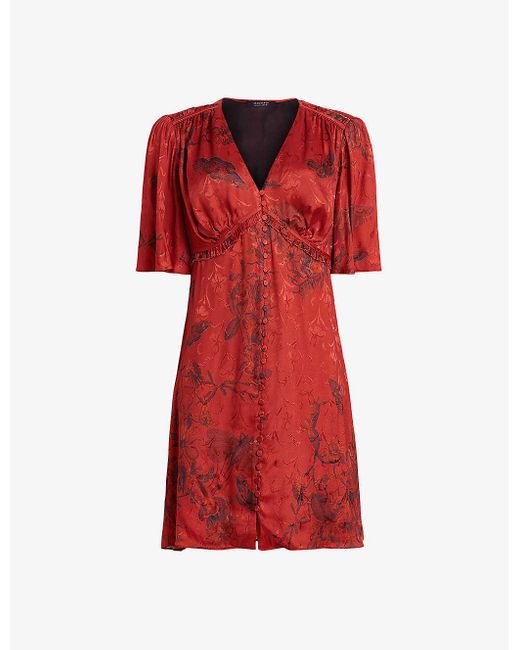 AllSaints Tian Sanibel Graphic-print Flared-hem Stretch Recycled-polyester Mini Dress