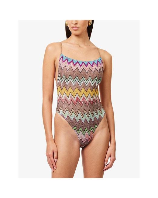 Missoni Multicolor Square-Neck Chevron Knitted Swimsuit