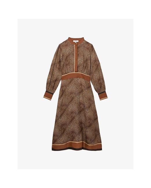 Reiss Brown Leia Animal-Print Midi Woven Dress