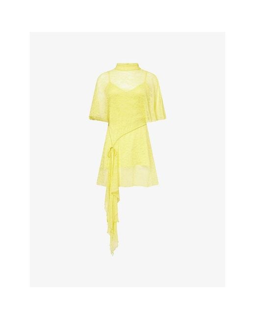 David Koma Yellow Dipped-Hem Lace Mini Dress