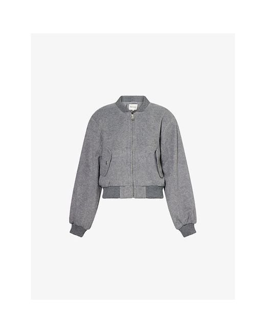 The Couture Club Gray Padded-Shoulder Ribbed Wool-Blend Bomber Jacket