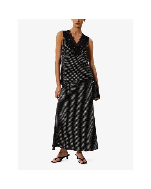 Whistles Black Polka-Dot Flared Woven Midi Skirt