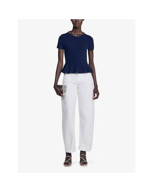 Sandro Blue Embellished-Trim Peplum-Hem Wool-Blend Jumper