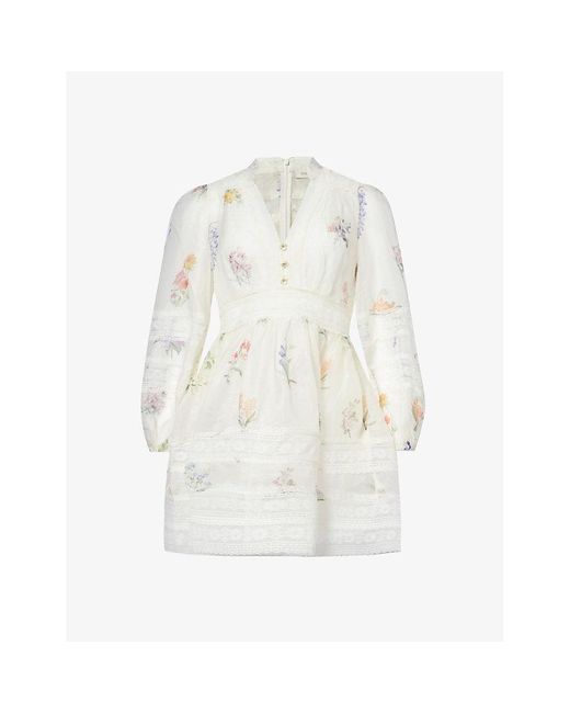 Zimmermann White Lace Floral-print Linen And Silk-blend Mini Dress
