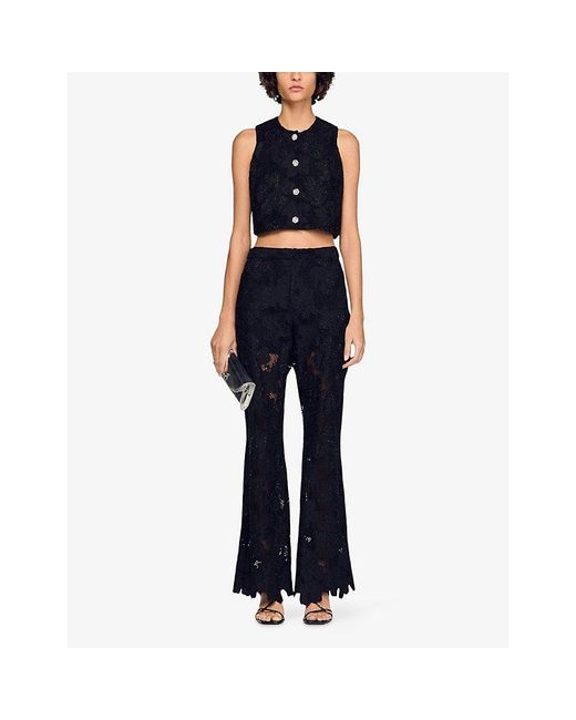 Sandro Black Cropped Flower-Embroidered Woven Top