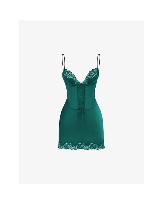 House Of Cb Green Soraya Lace-Trimmed Satin Mini Dress