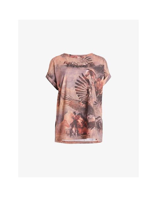 AllSaints Pink Tia Graphic-print High-neck Stretch Recycled-polyester Top