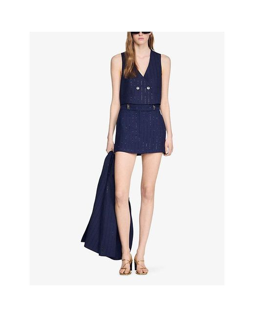 Sandro Blue Striped Sequin-Embellished Woven Skort