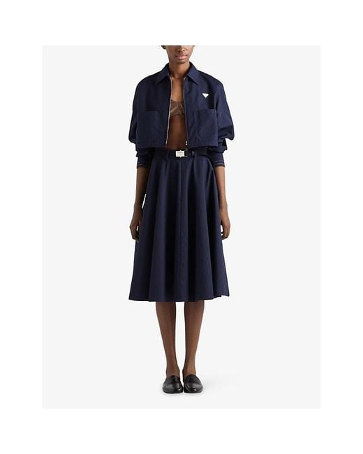 Prada Blue Belted Poplin Midi Skirt