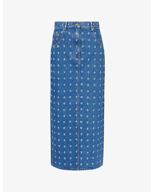 Nina Ricci Blue Distressed-pattern Slim-fit Denim Maxi Skirt