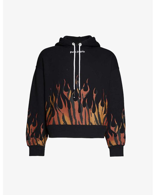 Palm Angels Black Tiger-print-flames Cotton-jersey Hoody for men