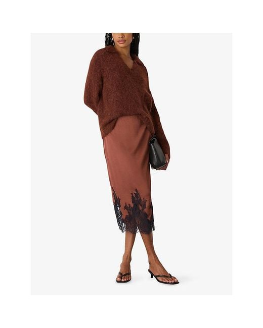 Whistles Brown Lace-Hem Satin Midi Skirt