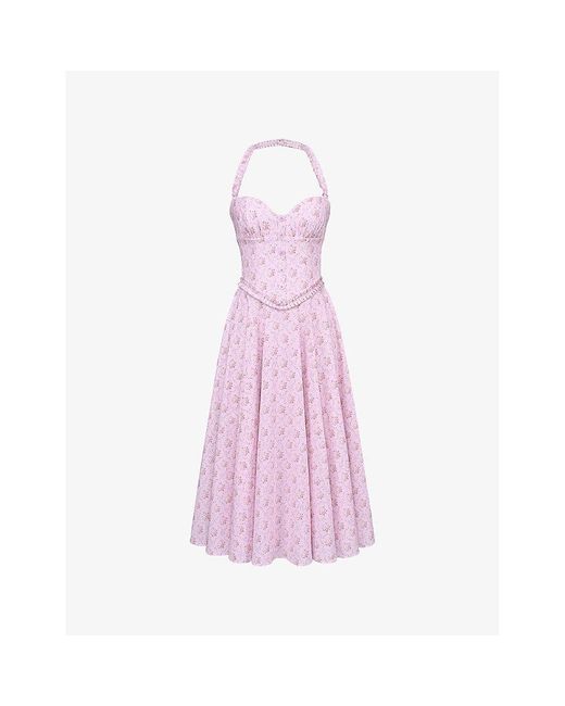 House Of Cb Pink Georgie Floral-Print Stretch-Cotton Midi Dress Xs (A-C Cup)