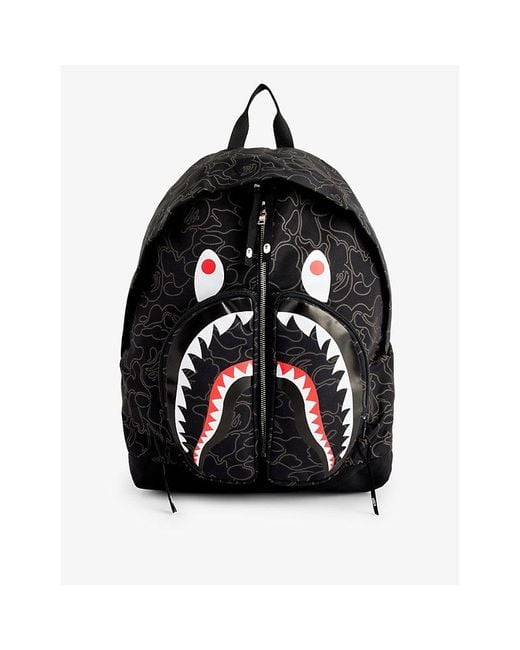 A Bathing Ape Black Camo Shark Graphic-print Woven Backpack for men