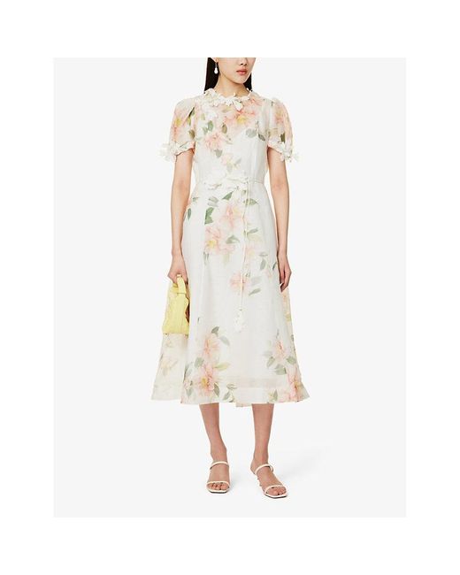Zimmermann Natural Liftoff Floral-print Linen And Silk-blend Midi Dress