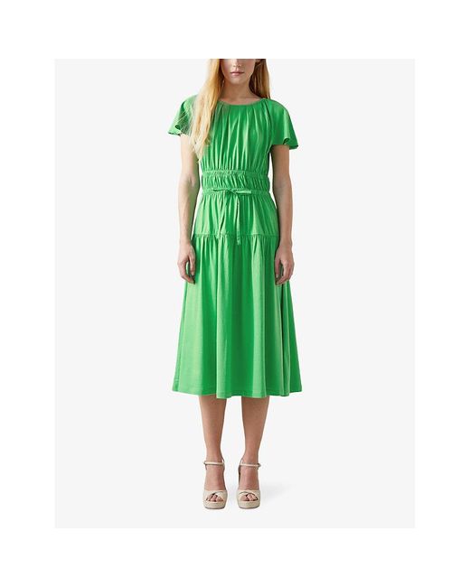 L.K.Bennett Green Chloe Elasticated-waist Gathered Woven Midi Dress