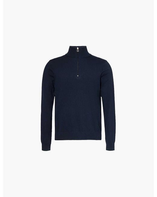 Paul Smith Blue Very Dark Brand-Embroidery High-Neck Regular-Fit Cotton-Blend Jumper for men