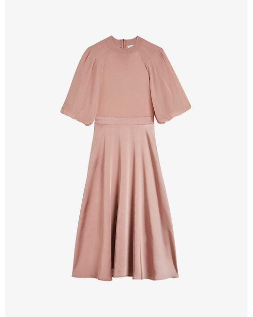 Ted Baker Pink Brontei Puff-sleeve Fitted-bodice Woven Midi Dress