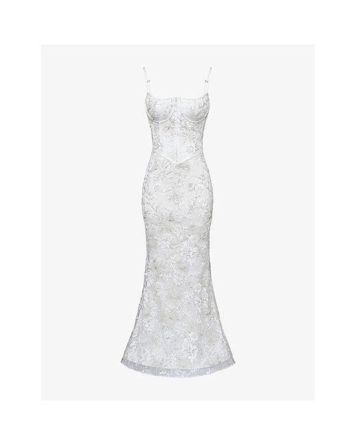 House Of Cb White Naeva Bead-Embellished Tulle Bridal Gown