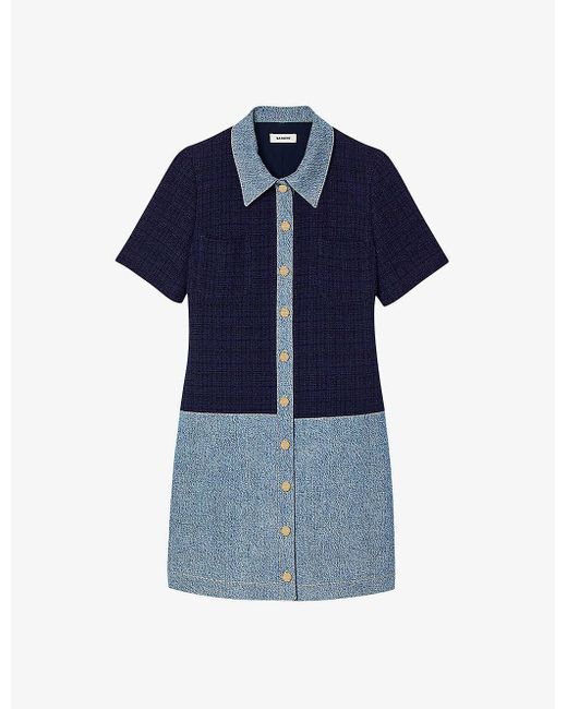 Sandro Blue Contrast-collar Short-sleeve Tweed And Denim Mini Dress