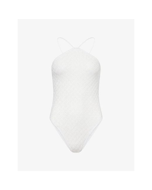 Missoni White Halter-Neck Lamé Swimsuit