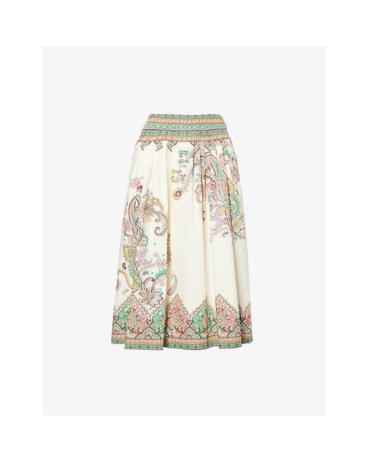 Etro Natural Floral-Print High-Rise Cotton Midi Skirt