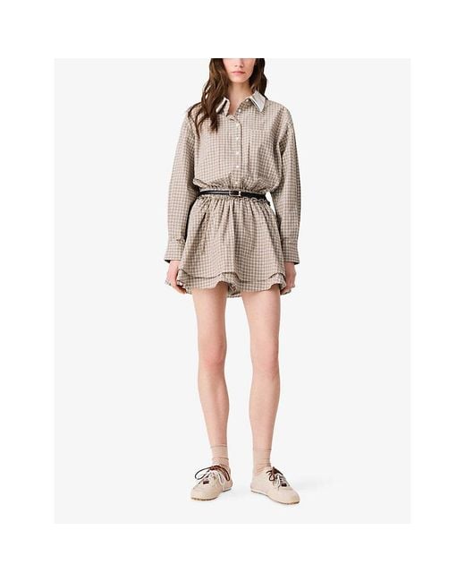 Maje Brown Checked Rhinestone-Embellished Cotton Mini Dress