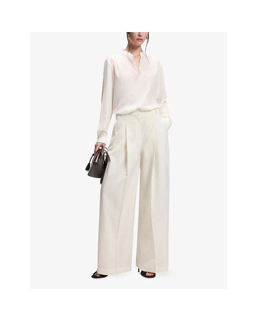 Boss White Stand-Collar Relaxed-Fit Silk Blouse
