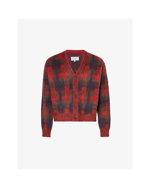 Maison Margiela Red V-neck Check-pattern Wool-blend Cardigan
