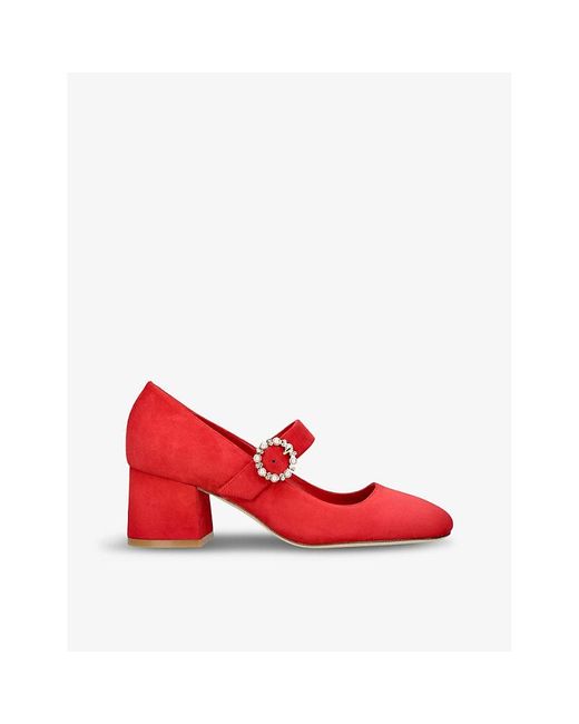 Stuart Weitzman Red Stuart 60 Pearl-embellished Suede-leather Mary-jane Shoes