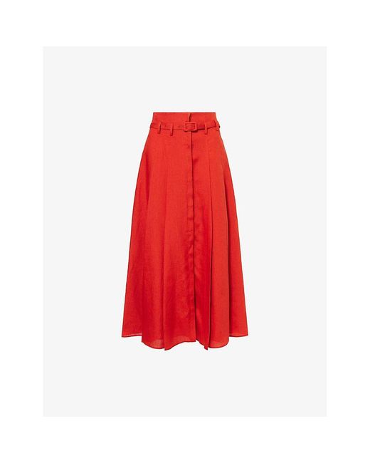 Gabriela Hearst Red Dugald Pleat Button-Down Linen Midi Skirt