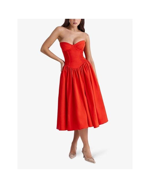 House Of Cb Red Elizabeth Sweetheart-Neck Woven Midi Dress