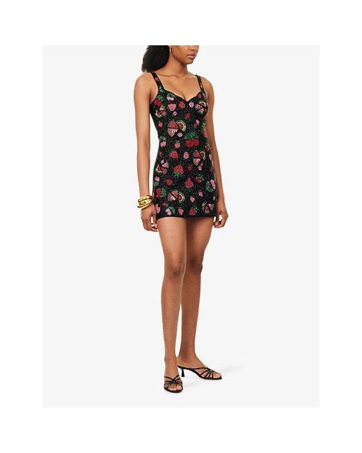 Oceanus Black Fruits Beaded Mini Dress