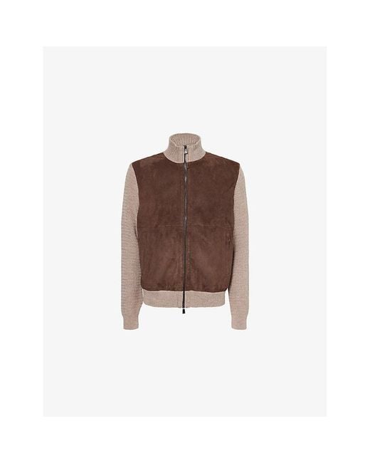 Corneliani Brown Contrast Knitted Leather And Wool Blend Jacket for men
