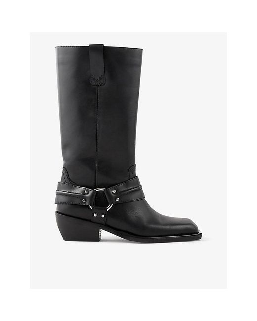 Sandro Black Sixten Buckle-Embellished Leather Knee-High Boots