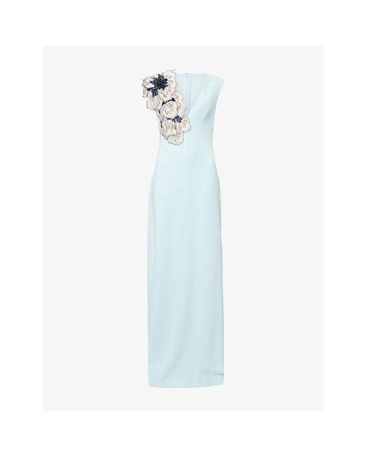Costarellos Blue Perlina Sequin-Embellished Satin Gown