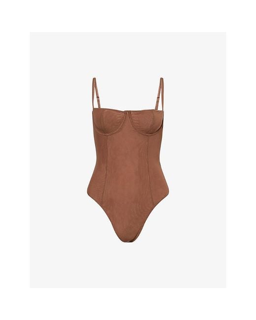 GOOD AMERICAN Brown Mesh Bustier Bodysuit