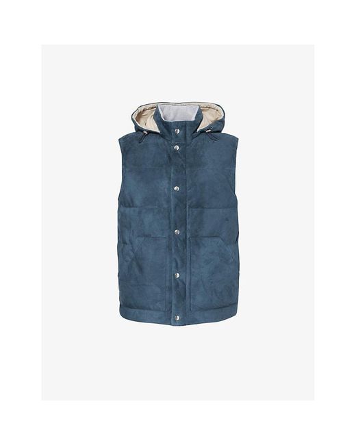 Eleventy Blue Detachable-hood Quilted Suede Down-gilet for men