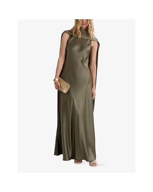 Reiss Green Fae Cape-Detail Satin Maxi Dress