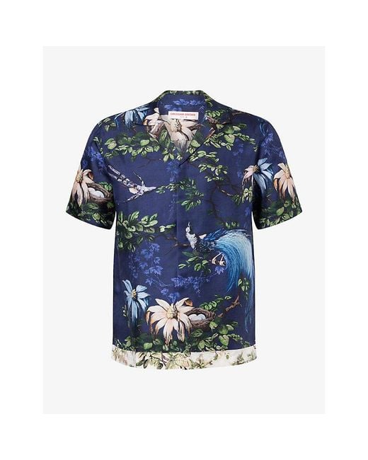 Orlebar Brown Blue Maitan Printed Short-Sleeve Silk Shirt for men