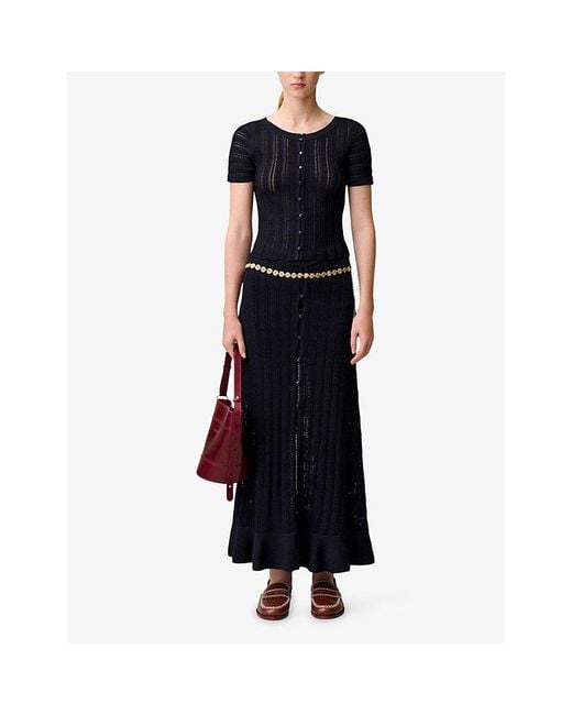 Claudie Pierlot Black Short-Sleeved Button-Front Crochet Top
