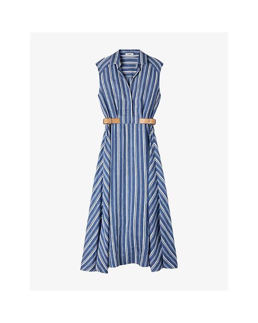 Sandro Blue Striped Leather-Tab Woven Maxi Dress