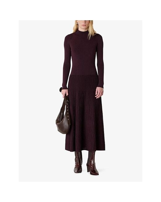 Whistles Purple Funnel-Neck Pleated-Knit Midi Dress
