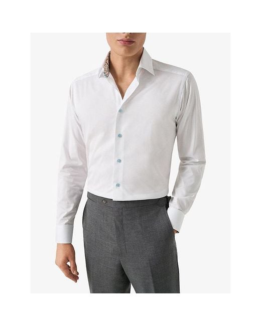 Eton of Sweden White Floral-Trim Contemporary-Fit Cotton-Twill Shirt for men