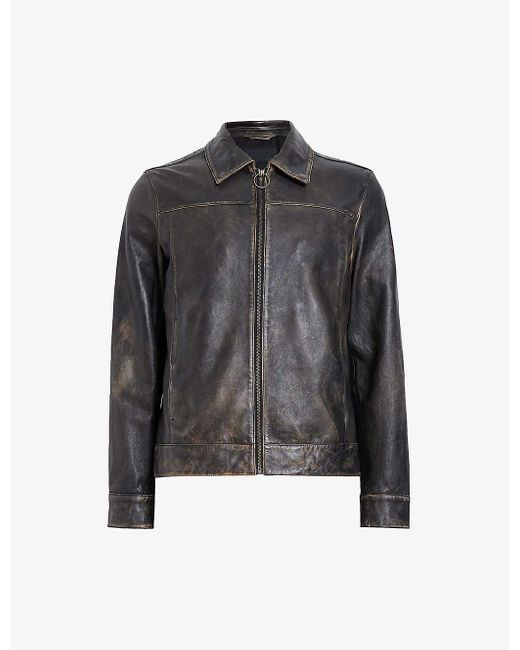 AllSaints Black Vintage Alkan Regular-Fit Zip-Up Leather Jacket for men