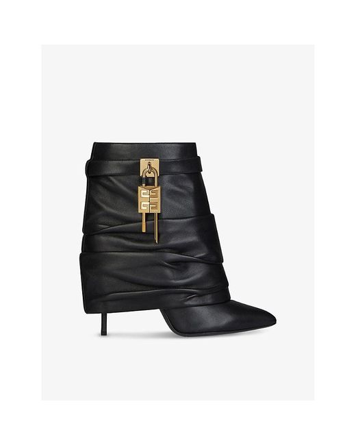 Givenchy Black Shark Lock Stiletto Srunched Low Leather Heeled Ankle Boots