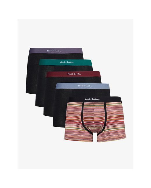 Paul Smith Black Branded-waistband Pack Of Five Stretch Organic-cotton Trunks for men